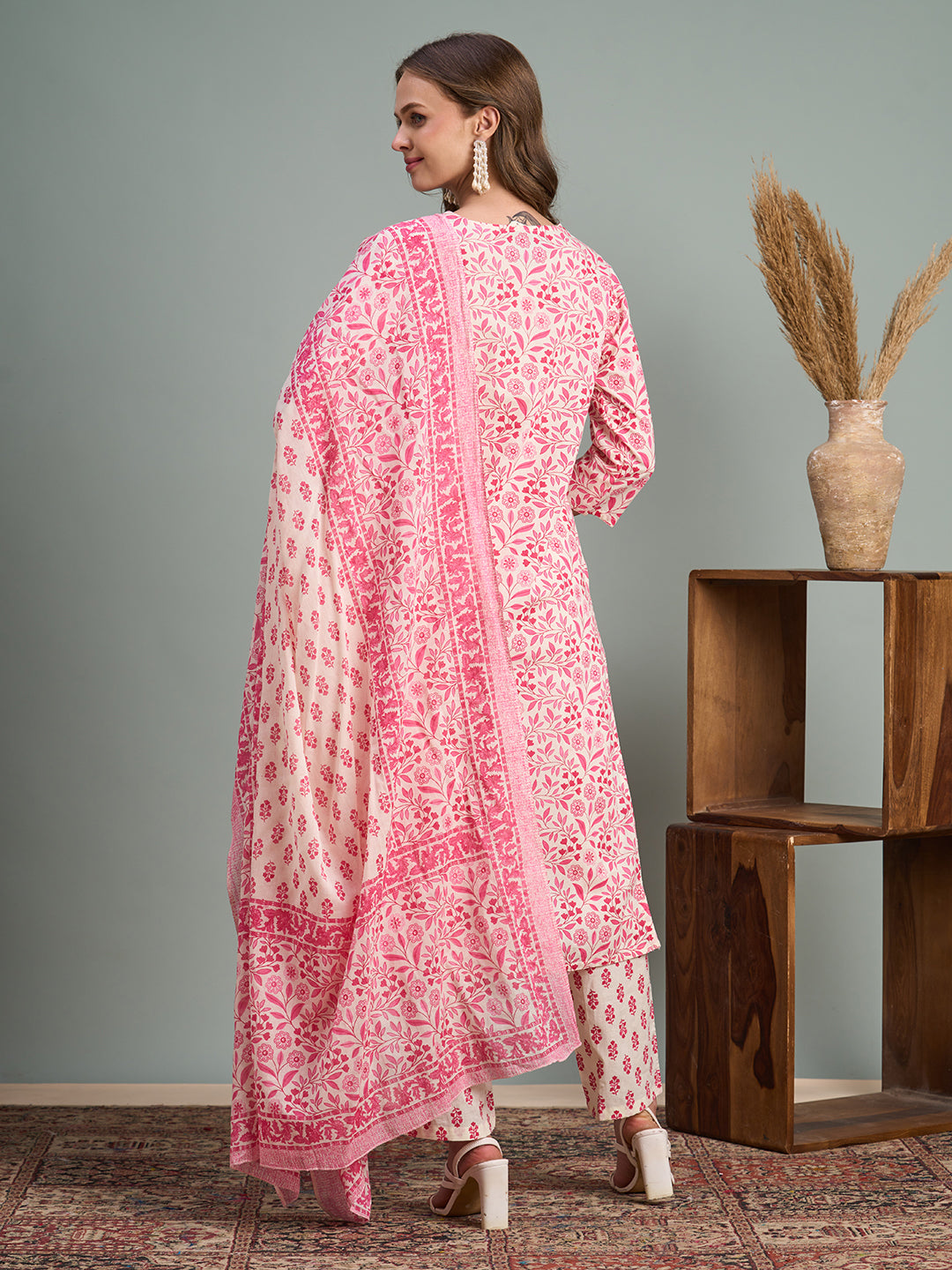 Ethnic Floral Printed Embroidered Straight Fit Kurta with Pant and Dupatta - Pink