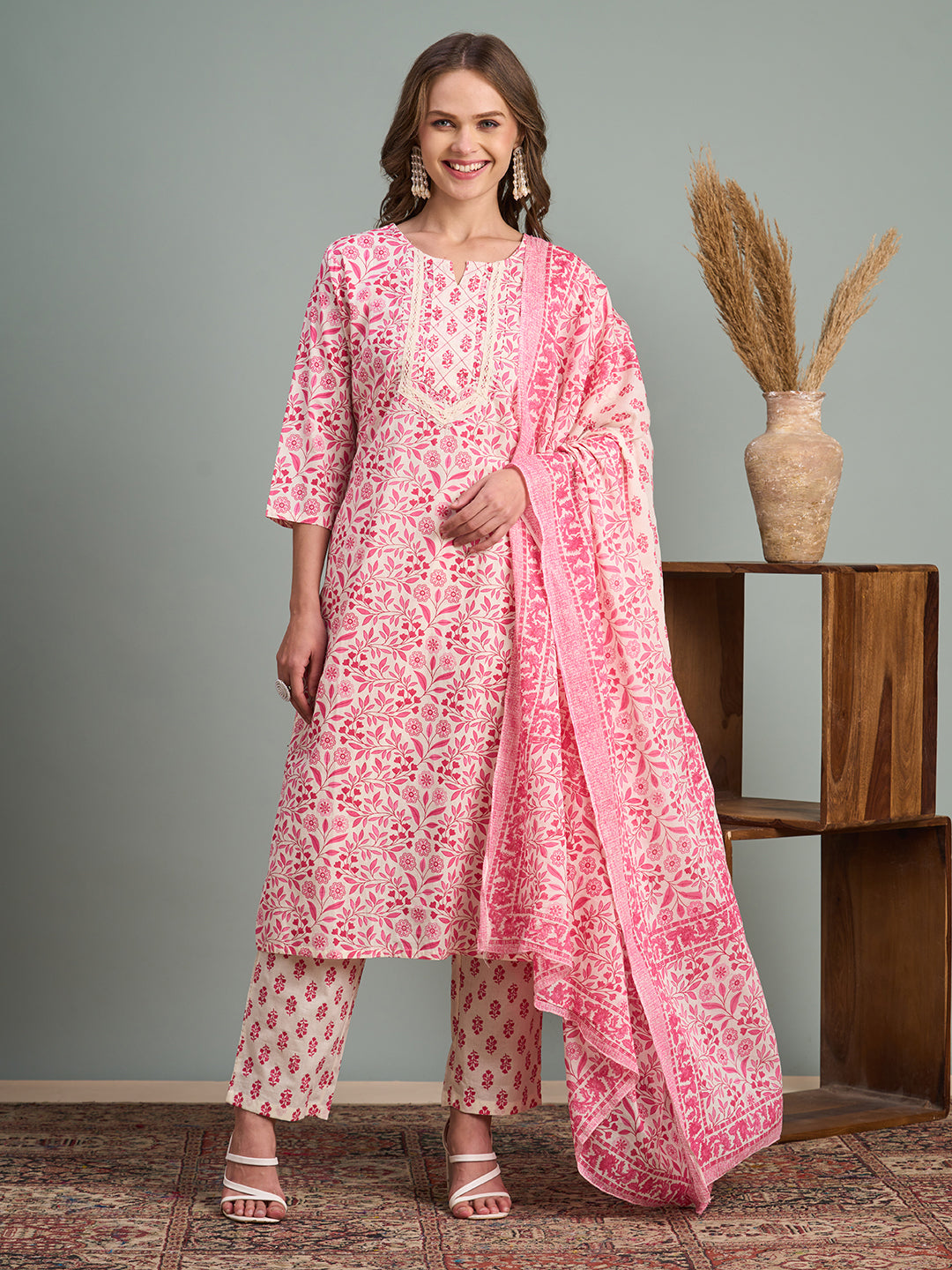 Ethnic Floral Printed Embroidered Straight Fit Kurta with Pant and Dupatta - Pink