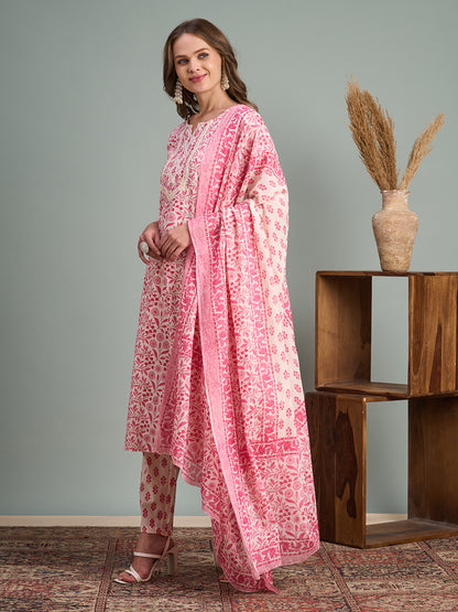 Ethnic Floral Printed Embroidered Straight Fit Kurta with Pant and Dupatta - Pink