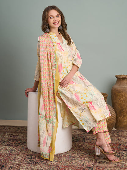 Abstract Floral Printed A-Line Paneled Kurta with Pant and Dupatta - Multi