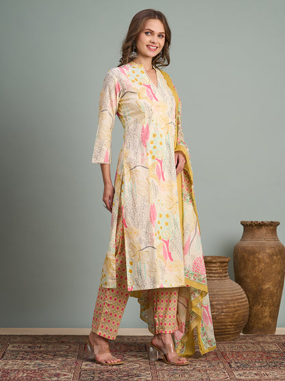Abstract Floral Printed A-Line Paneled Kurta with Pant and Dupatta - Multi
