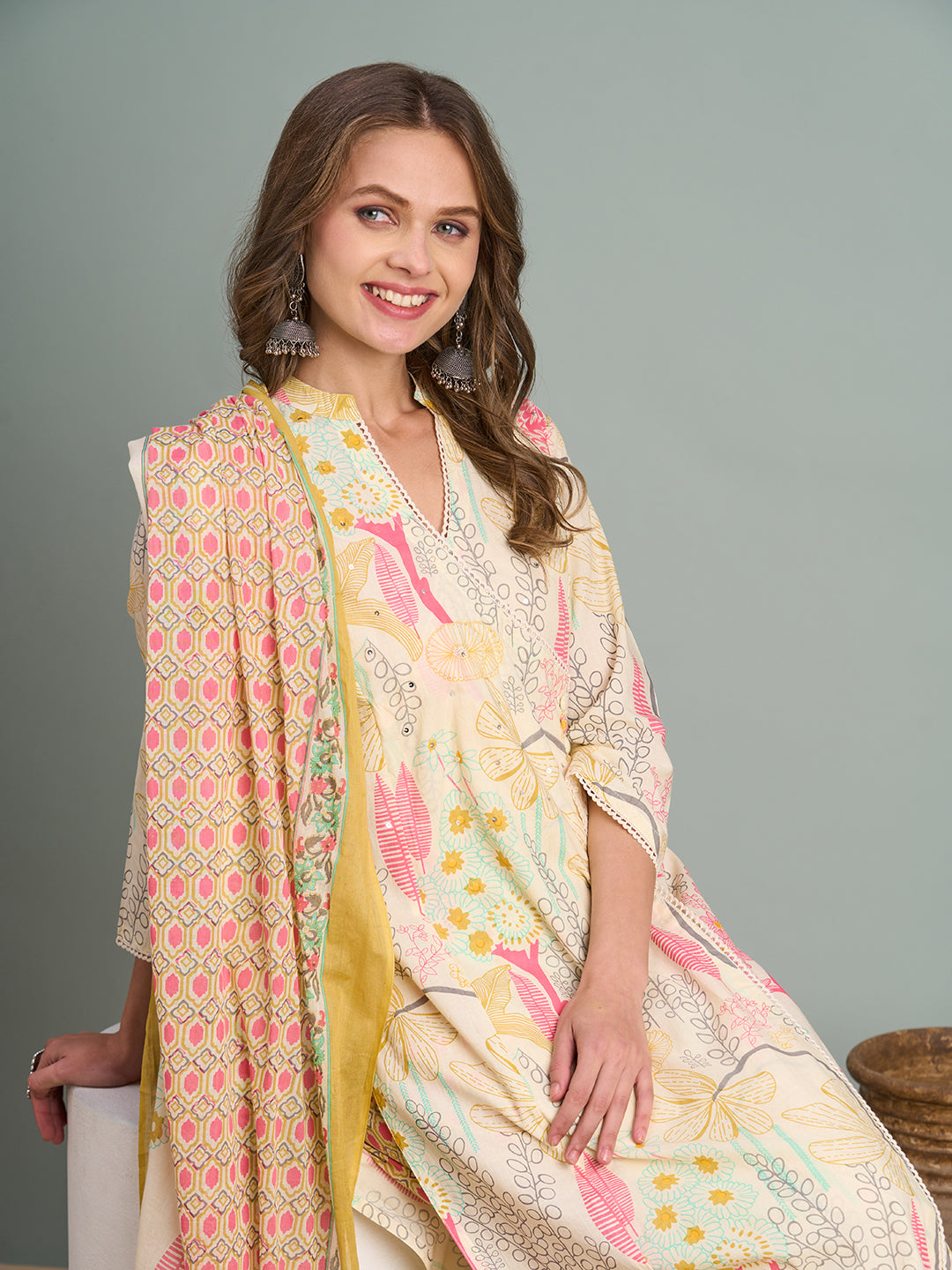Abstract Floral Printed A-Line Paneled Kurta with Pant and Dupatta - Multi