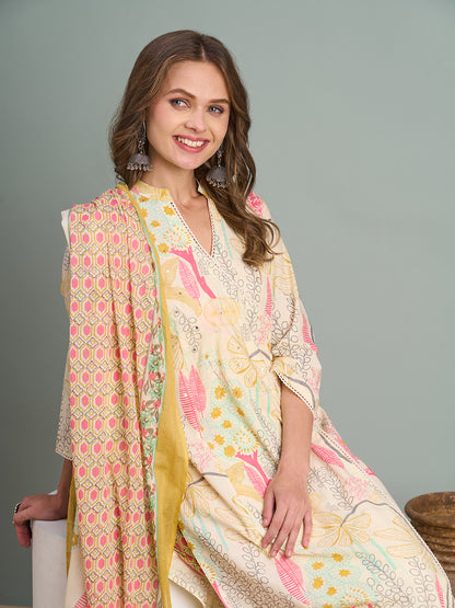 Abstract Floral Printed A-Line Paneled Kurta with Pant and Dupatta - Multi