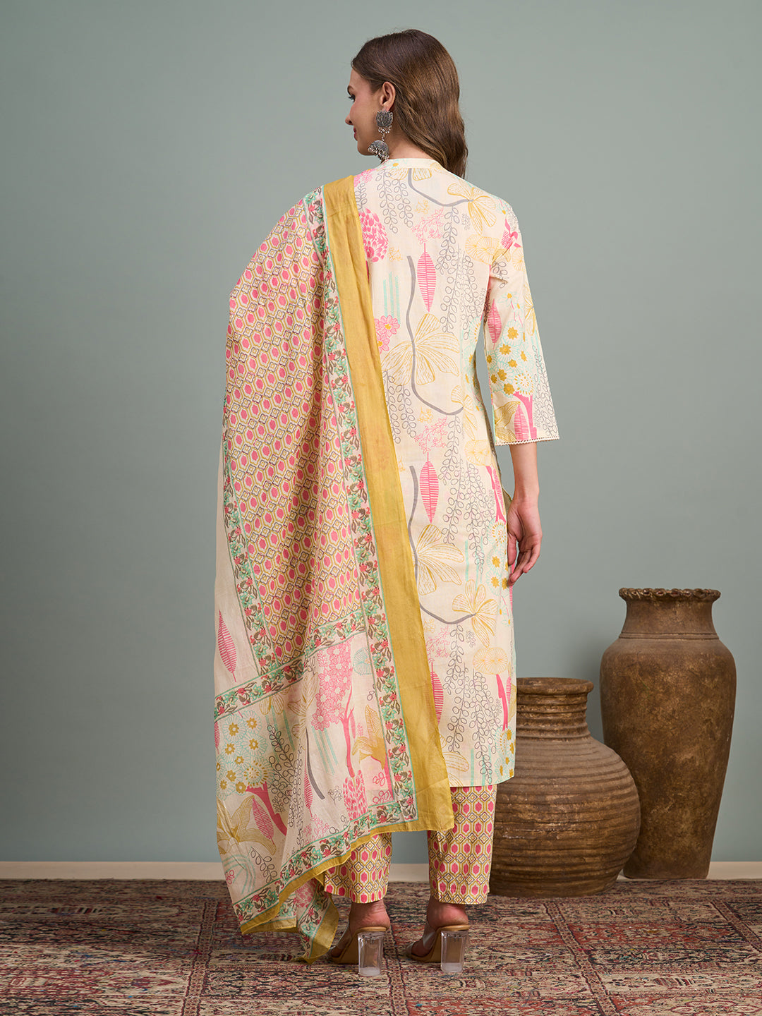 Abstract Floral Printed A-Line Paneled Kurta with Pant and Dupatta - Multi