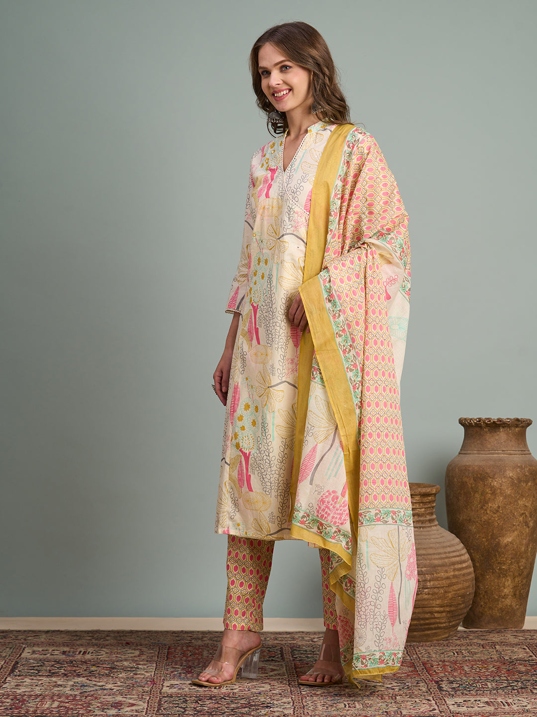 Abstract Floral Printed A-Line Paneled Kurta with Pant and Dupatta - Multi