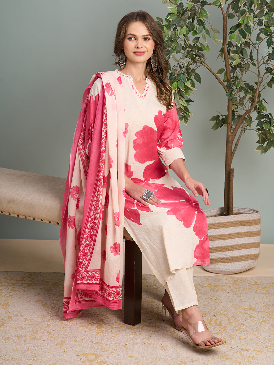 Abstract Floral Printed Straight Fit Kurta with Pant & Dupatta - Pink