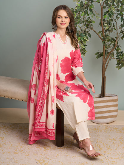 Abstract Floral Printed Straight Fit Kurta with Pant & Dupatta - Pink