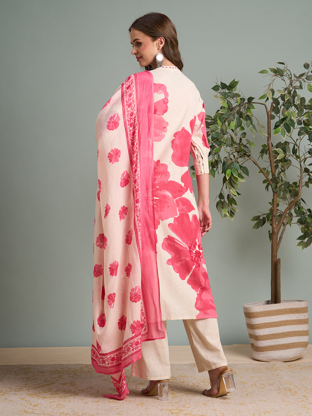 Abstract Floral Printed Straight Fit Kurta with Pant & Dupatta - Pink