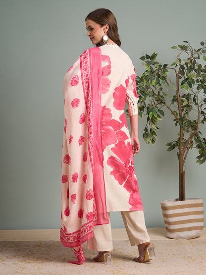 Abstract Floral Printed Straight Fit Kurta with Pant & Dupatta - Pink