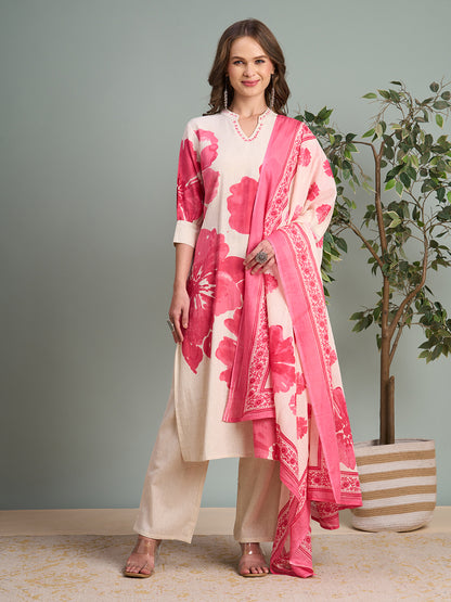 Abstract Floral Printed Straight Fit Kurta with Pant & Dupatta - Pink