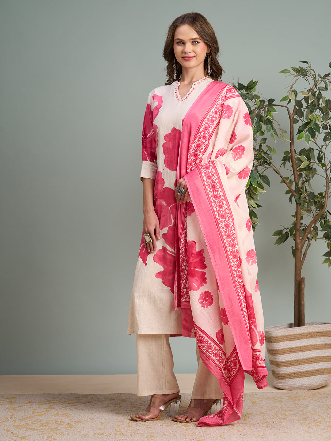 Abstract Floral Printed Straight Fit Kurta with Pant & Dupatta - Pink