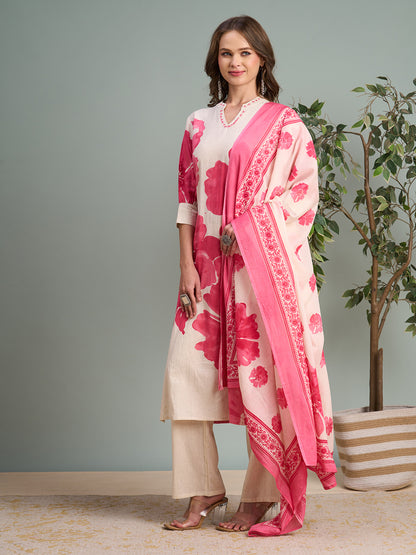 Abstract Floral Printed Straight Fit Kurta with Pant & Dupatta - Pink