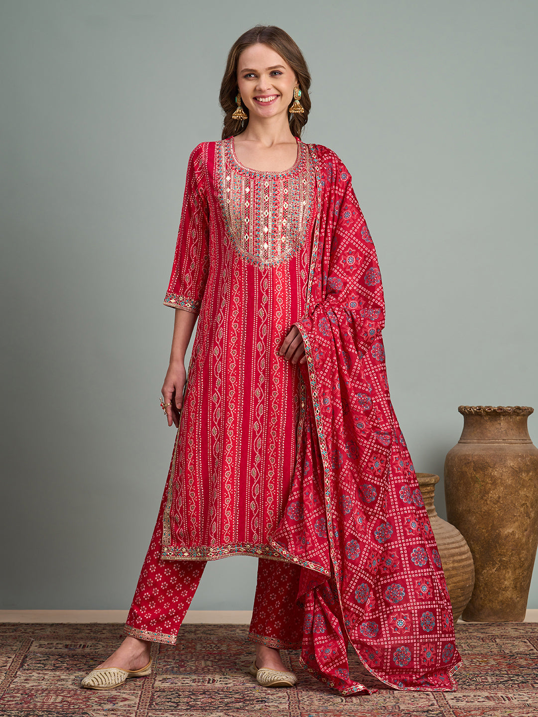 Bandhani Printed & Embroidered Straight Fit Kurta with Pant and Dupatta - Pink