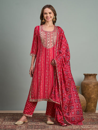 Bandhani Printed & Embroidered Straight Fit Kurta with Pant and Dupatta - Pink