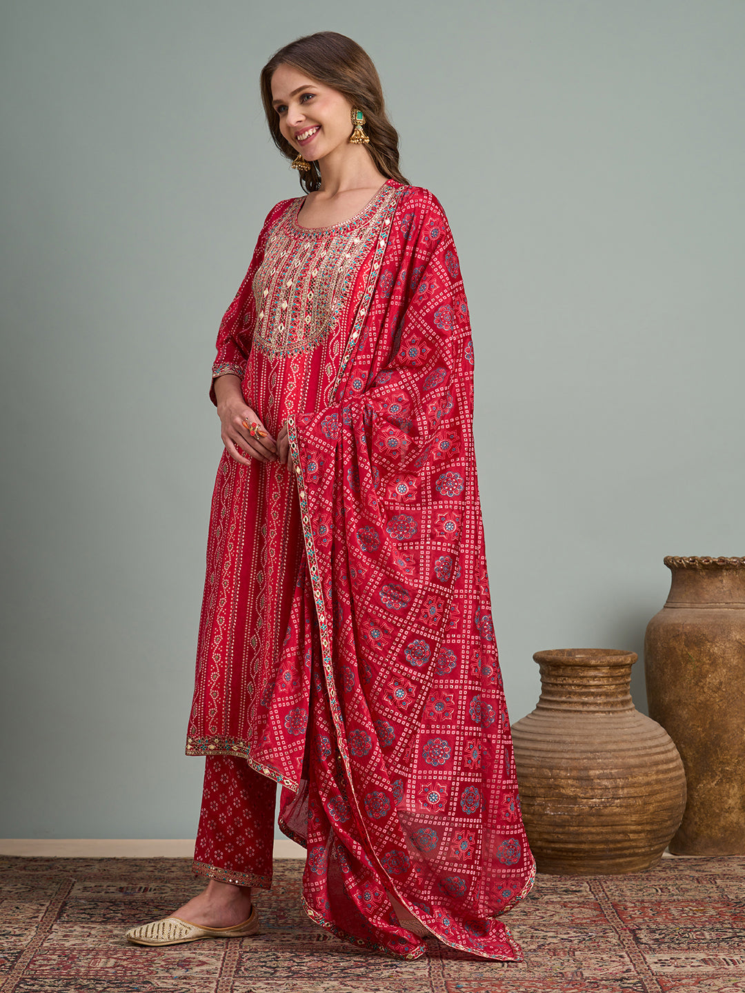 Bandhani Printed & Embroidered Straight Fit Kurta with Pant and Dupatta - Pink