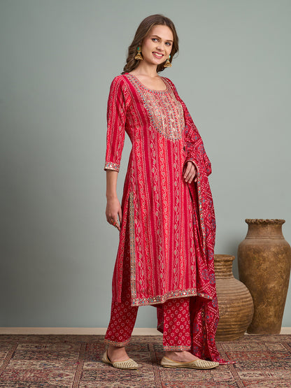 Bandhani Printed & Embroidered Straight Fit Kurta with Pant and Dupatta - Pink