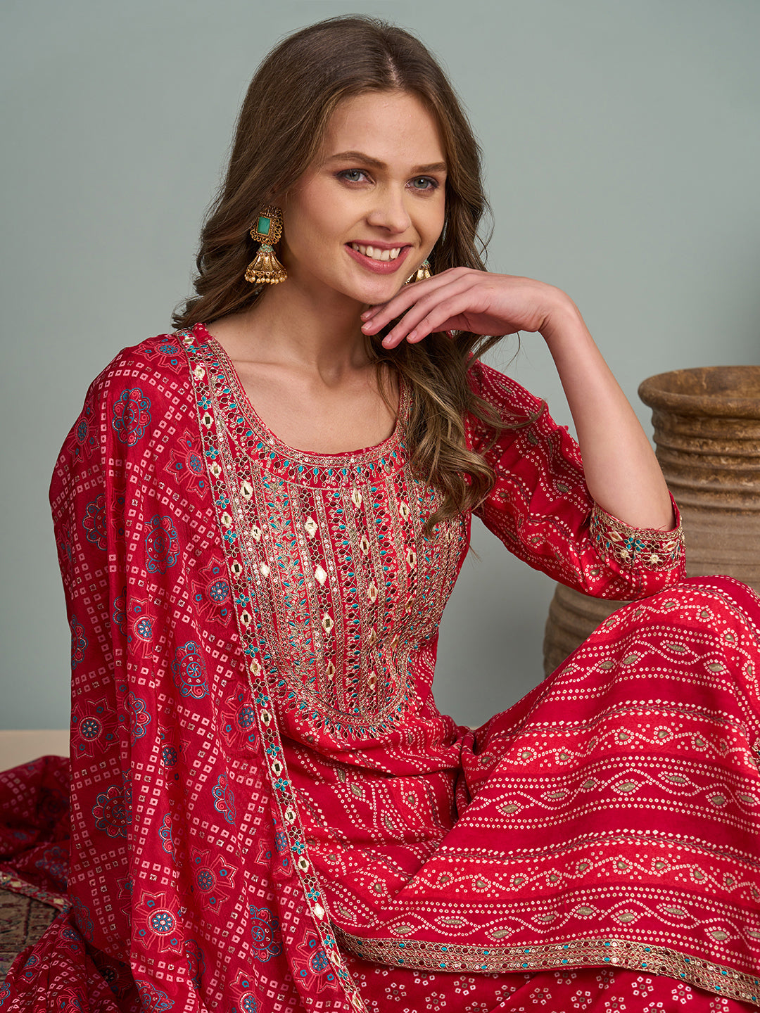 Bandhani Printed & Embroidered Straight Fit Kurta with Pant and Dupatta - Pink