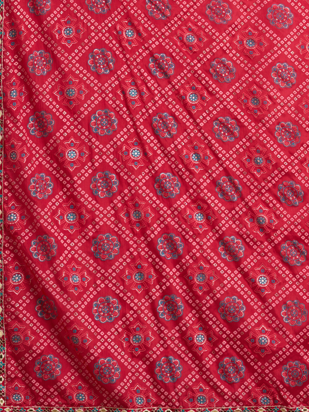 Bandhani Printed & Embroidered Straight Fit Kurta with Pant and Dupatta - Pink