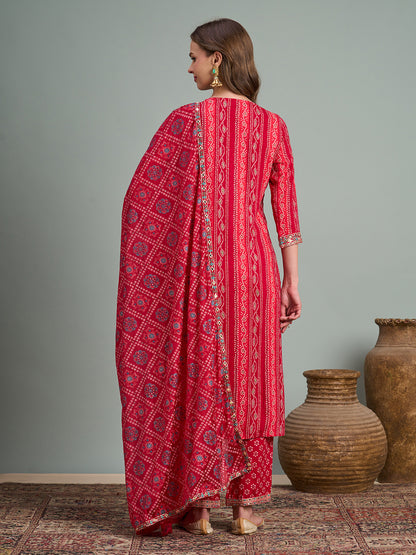 Bandhani Printed & Embroidered Straight Fit Kurta with Pant and Dupatta - Pink