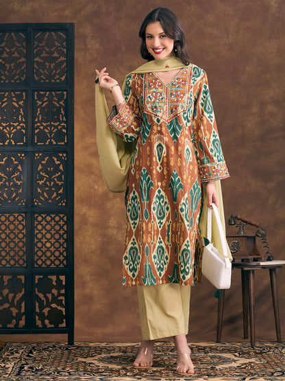 Ikat Printed & Embroidered Straight Kurta with Palazzo & Dupatta - Multi