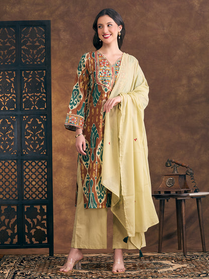 Ikat Printed & Embroidered Straight Kurta with Palazzo & Dupatta - Multi