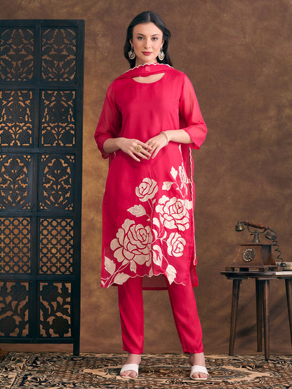 Solid Floral Zari Embroidered Straight Fit Kurta with Pant and Dupatta - Pink