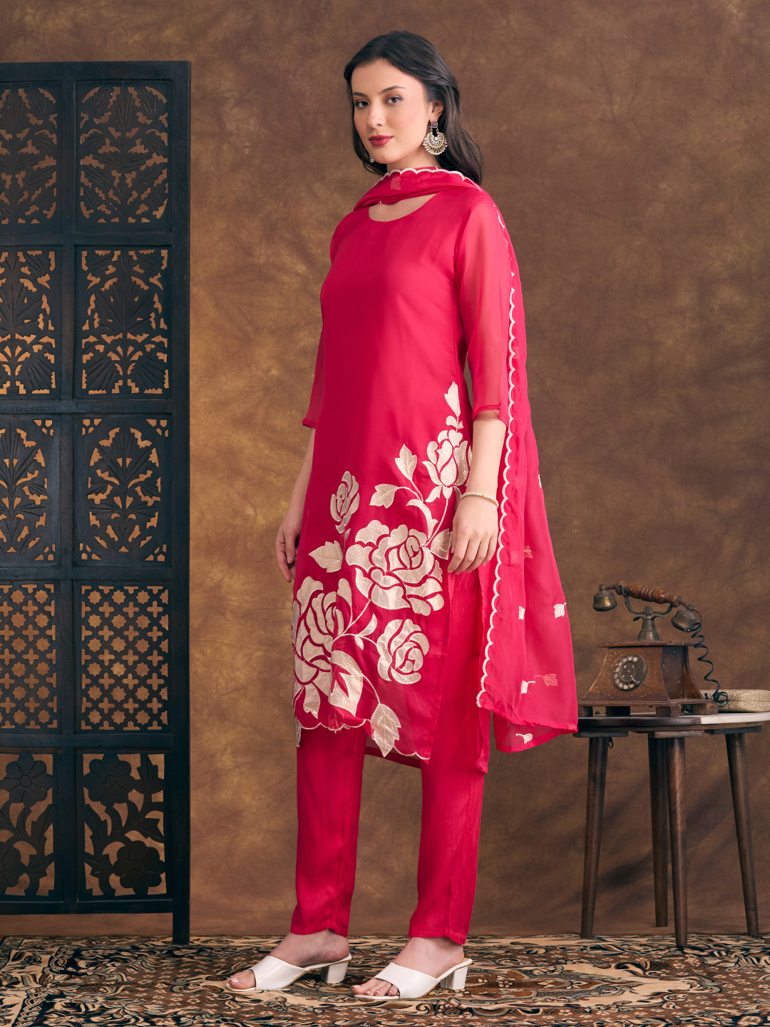 Solid Floral Zari Embroidered Straight Fit Kurta with Pant and Dupatta - Pink