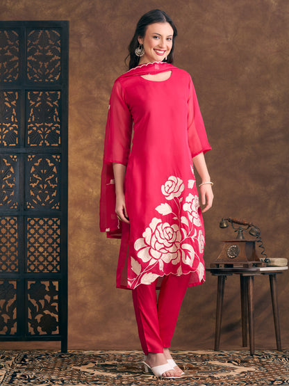 Solid Floral Zari Embroidered Straight Fit Kurta with Pant and Dupatta - Pink