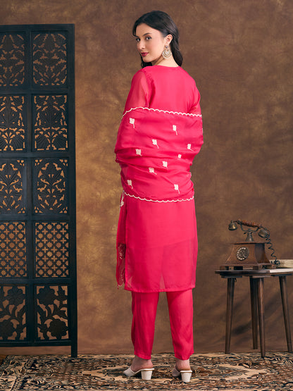 Solid Floral Zari Embroidered Straight Fit Kurta with Pant and Dupatta - Pink