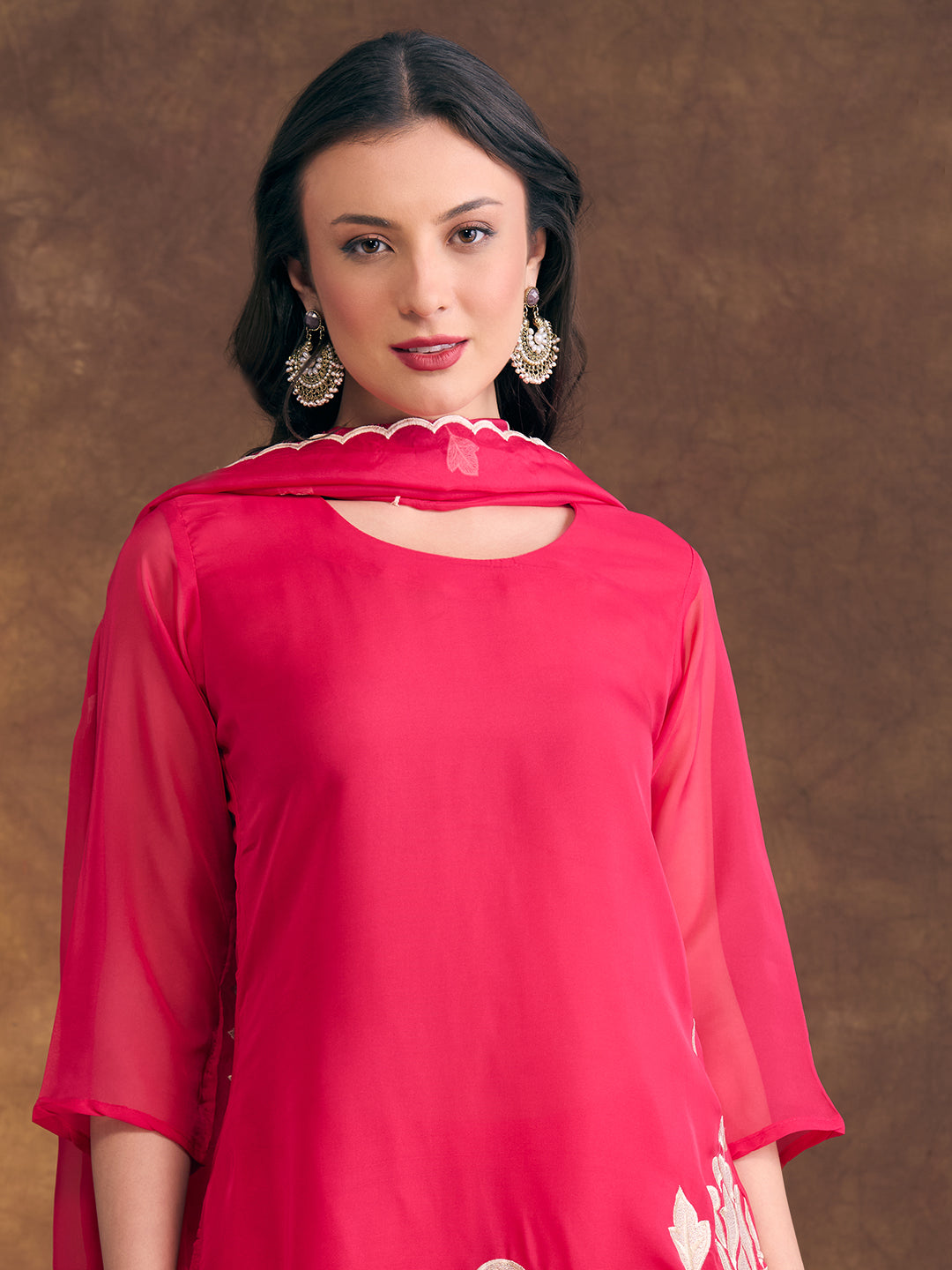 Solid Floral Zari Embroidered Straight Fit Kurta with Pant and Dupatta - Pink