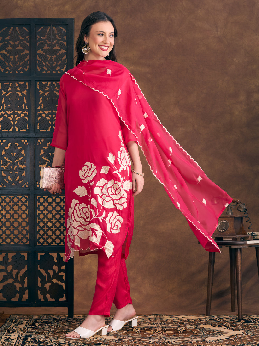 Solid Floral Zari Embroidered Straight Fit Kurta with Pant and Dupatta - Pink
