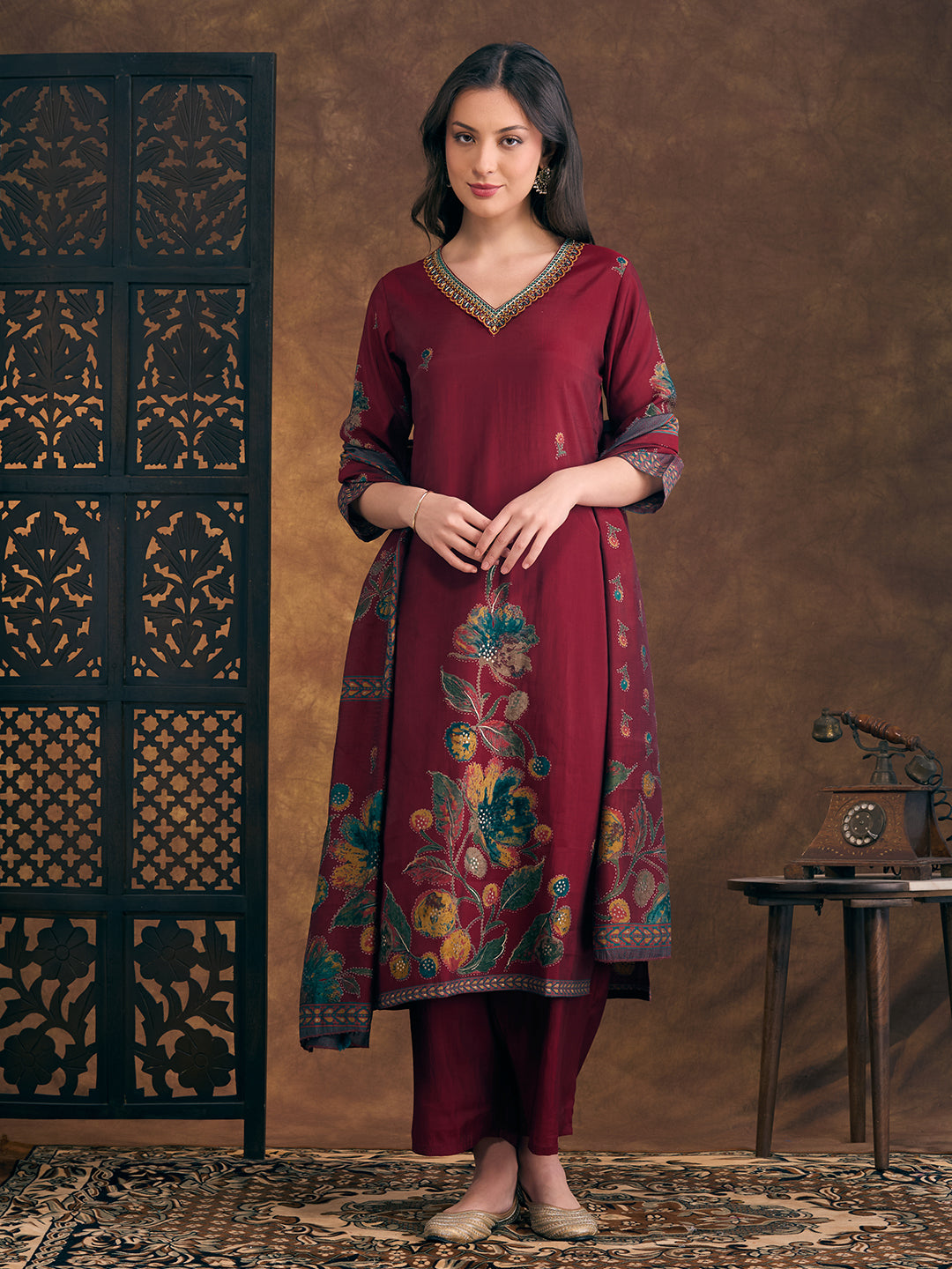 Abstract Floral Printed Embroidered Straight Fit Kurta with Palazzo and Dupatta - Maroon