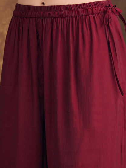 Abstract Floral Printed Embroidered Straight Fit Kurta with Palazzo and Dupatta - Maroon