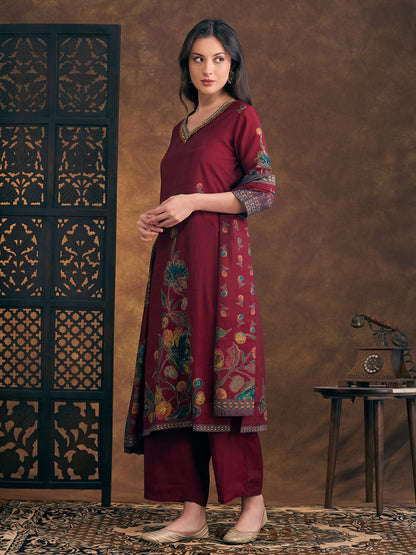 Abstract Floral Printed Embroidered Straight Fit Kurta with Palazzo and Dupatta - Maroon