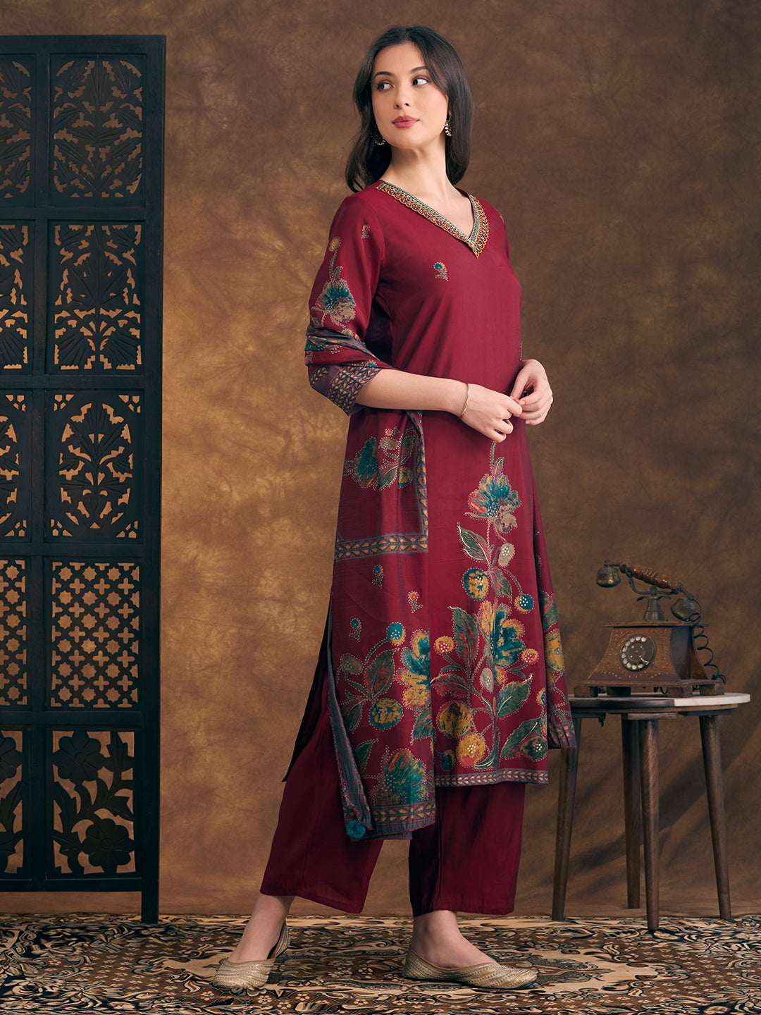Abstract Floral Printed Embroidered Straight Fit Kurta with Palazzo and Dupatta - Maroon