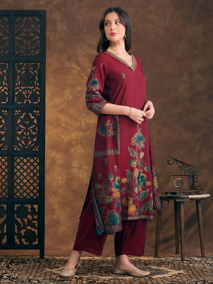 Abstract Floral Printed Embroidered Straight Fit Kurta with Palazzo and Dupatta - Maroon