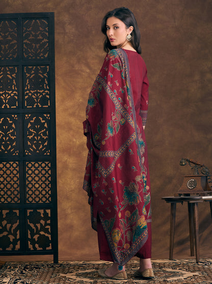 Abstract Floral Printed Embroidered Straight Fit Kurta with Palazzo and Dupatta - Maroon