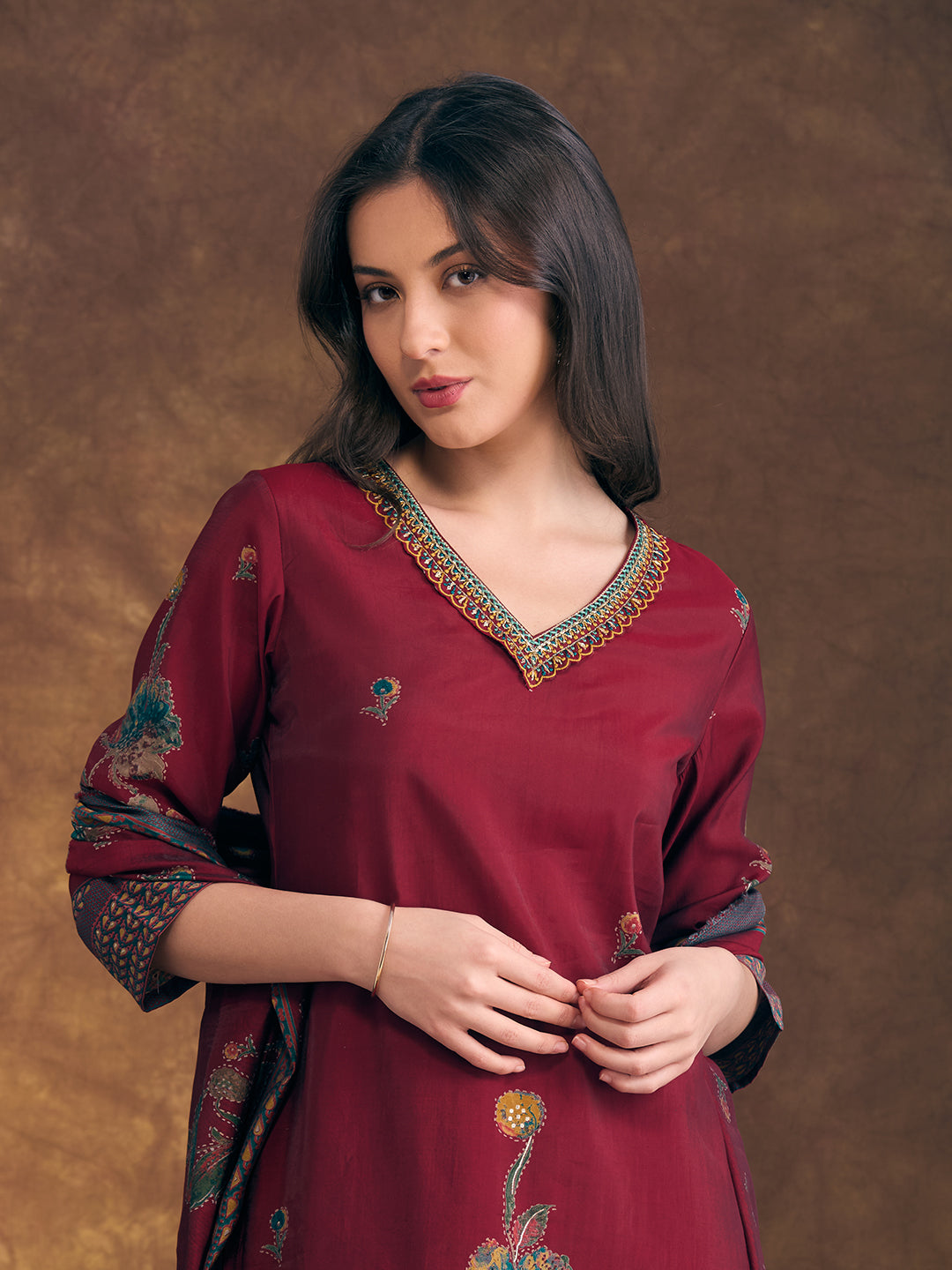 Abstract Floral Printed Embroidered Straight Fit Kurta with Palazzo and Dupatta - Maroon
