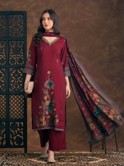 Abstract Floral Printed Embroidered Straight Fit Kurta with Palazzo and Dupatta - Maroon