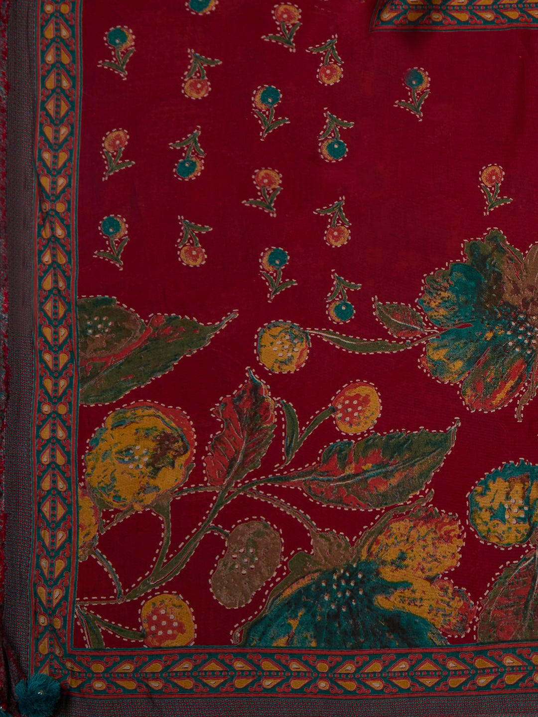 Abstract Floral Printed Embroidered Straight Fit Kurta with Palazzo and Dupatta - Maroon