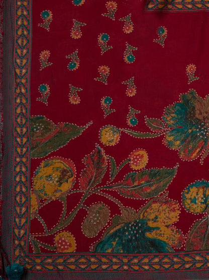 Abstract Floral Printed Embroidered Straight Fit Kurta with Palazzo and Dupatta - Maroon