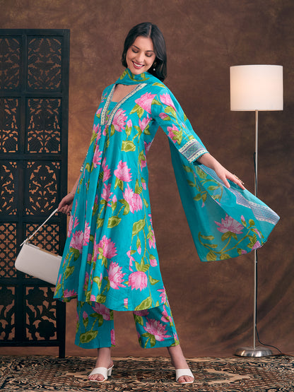 Floral Printed & Embroidered A-Line Paneled Kurta with Palazzo & Dupatta - Sea Green