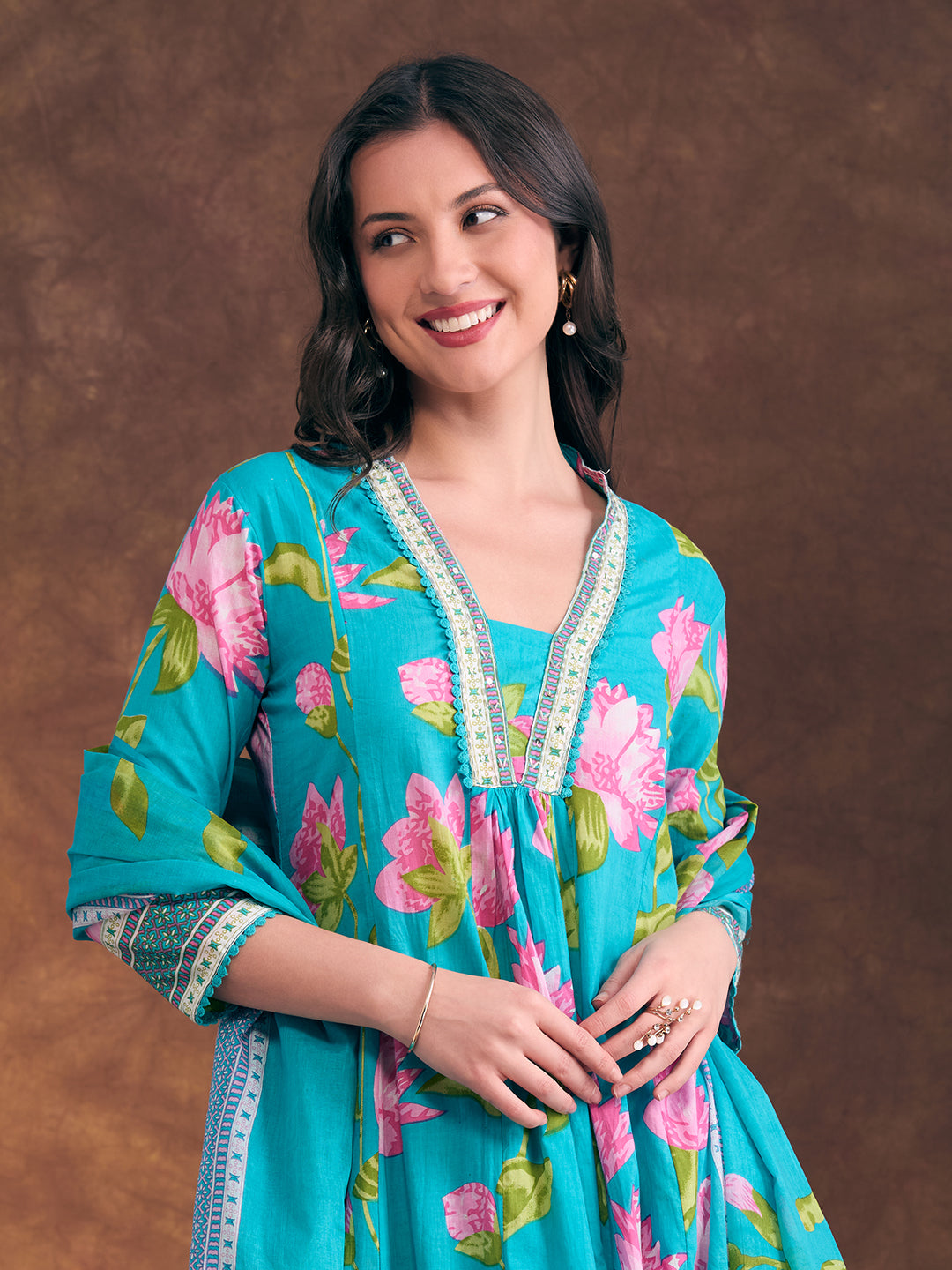 Floral Printed & Embroidered A-Line Paneled Kurta with Palazzo & Dupatta - Sea Green