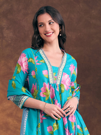 Floral Printed & Embroidered A-Line Paneled Kurta with Palazzo & Dupatta - Sea Green