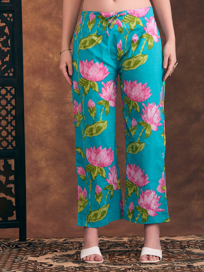 Floral Printed & Embroidered A-Line Paneled Kurta with Palazzo & Dupatta - Sea Green