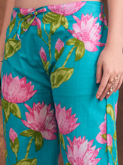 Floral Printed & Embroidered A-Line Paneled Kurta with Palazzo & Dupatta - Sea Green