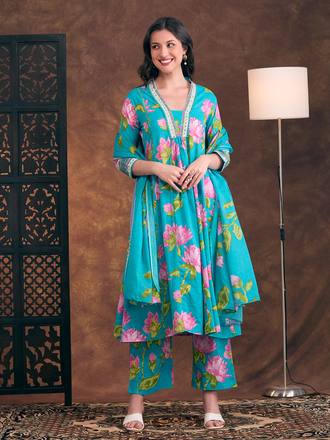 Floral Printed & Embroidered A-Line Paneled Kurta with Palazzo & Dupatta - Sea Green