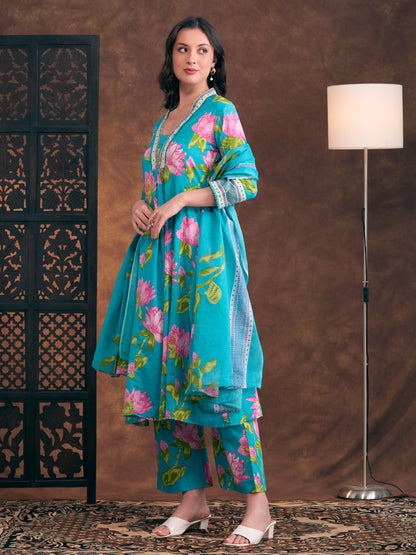 Floral Printed & Embroidered A-Line Paneled Kurta with Palazzo & Dupatta - Sea Green