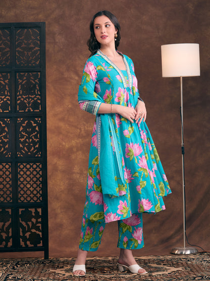 Floral Printed & Embroidered A-Line Paneled Kurta with Palazzo & Dupatta - Sea Green