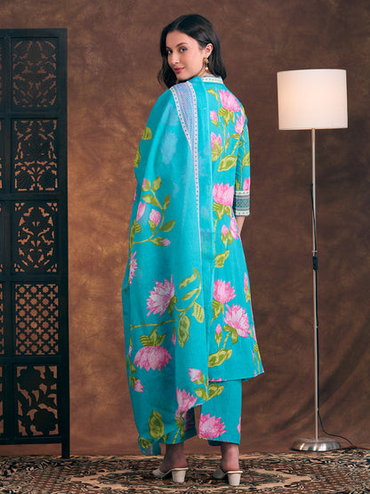 Floral Printed & Embroidered A-Line Paneled Kurta with Palazzo & Dupatta - Sea Green